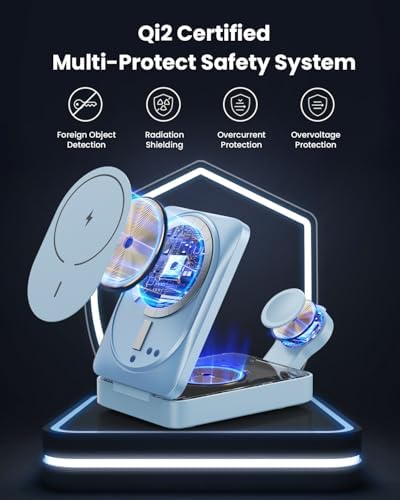 3-in-1 Qi2 Certified Wireless Charging Station – 15 W Fast Magnetic Charger for i Phone 16/15/14/13/12, Apple Watch, Air Pods – Foldable Design with 30 W USB-C Adapter for Ultimate Compatibility and Efficiency – Elevate Your Charging Experience with Enhanced Safety Features and Versatile Viewing Angles