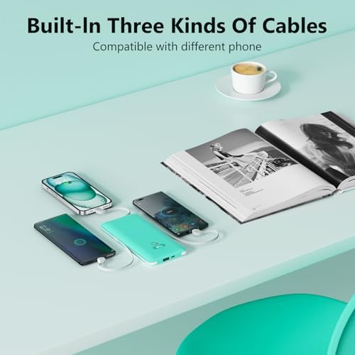 Ultimate Brand Q 10000 m Ah Portable Charger with Built-in Cables and AC Wall Plug – Fast Charging Power Bank with USB-C, Triple Output Ports for i Phone, Tablet & All Smartphones – Perfect Travel Companion for On-the-Go Charging