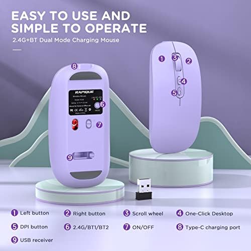 Sleek Purple Bluetooth Wireless Mouse – Rechargeable Tri-Mode Multi-Device Companion for Laptops, Mac Books, i Pads & More – Silent Operation for Focused Workspaces – Lightweight Ergonomic Design for Ultimate Portability