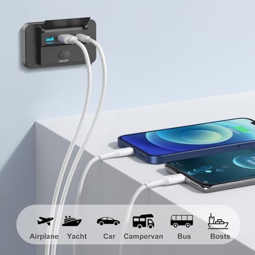 Dual USB Charger Socket Panel – 2 Pack 12 V Waterproof Surface Mount Outlet with 30 W USB-C & QC 18 W for RV, Bus, Marine & Motorcycle – Fast Charging Solution with Button Switch for Ultimate Convenience and Compatibility