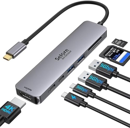 Ultimate 7-in-1 USB C Hub HDMI Adapter for Mac Book Pro & Air – High-Speed 4 K HDMI, Dual USB 3.0, SD/TF Card Reader, and 100 W Power Delivery – Compact and Durable Dongle for Seamless Connectivity with Dell XPS & Lenovo Think Pad
