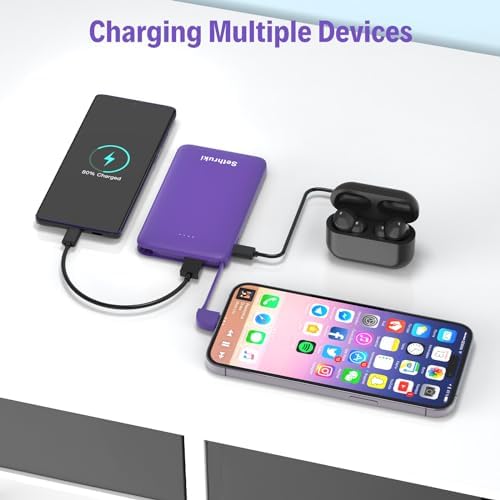 Ultra-Slim 20 W Fast Charging Power Bank with Built-in USB C Cable – 6000 m Ah Lightweight Portable Charger for i Phone 16, 15, Samsung & Android Devices – Essential Travel Battery Pack for On-the-Go Power Needs