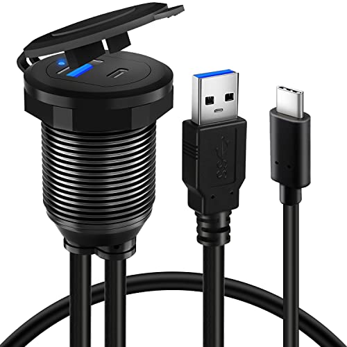 BATIGE Type C USB 3.0 Flush Mount Extension Cable – 3 ft Alloy Shell Car, Truck & Motorcycle Dashboard USB Port with LED Indicator for Enhanced Durability and Seamless Connectivity