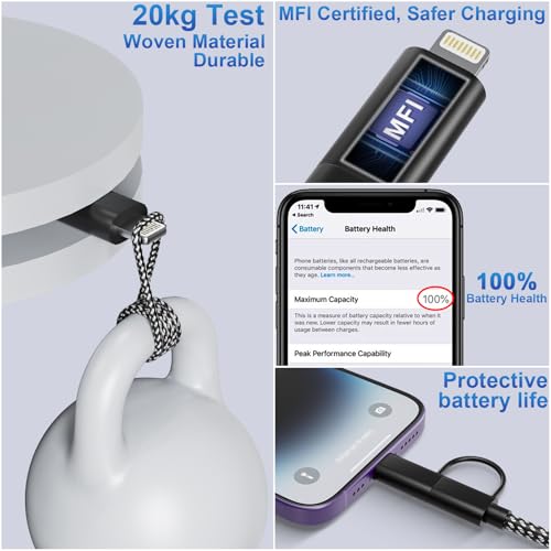 Experience the Ultimate Convenience with a 20 FT MFi Certified i Phone Charger Cord – Versatile 4-in-1 USB-C and Lightning Fast Charging Cable for i Phone, i Pad Pro, Galaxy, Mac Book, and Huawei Devices – Durable Nylon Braided Design for Long-Lasting Performance and Enhanced Charging Speed up to 60 W – Perfect for Seamless Data Transfer and Flexible Device Use at Home or Office