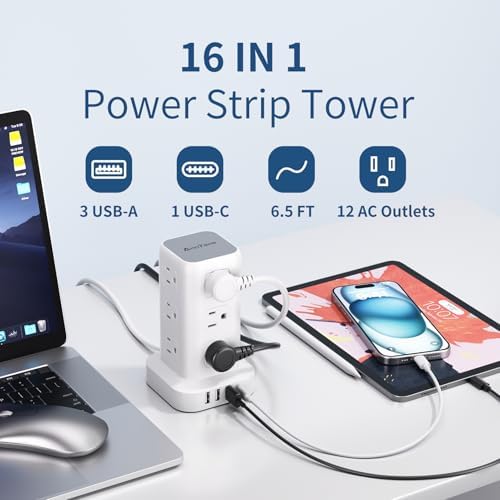 Ultimate Surge Protector Power Strip Tower with 10 FT Cord and 4 USB Ports (1 USB C) – 12 AC Outlets for Home Office and Dorm Room – Space-Saving Design with Enhanced Protection for Your Electronics and Fast Charging Solutions