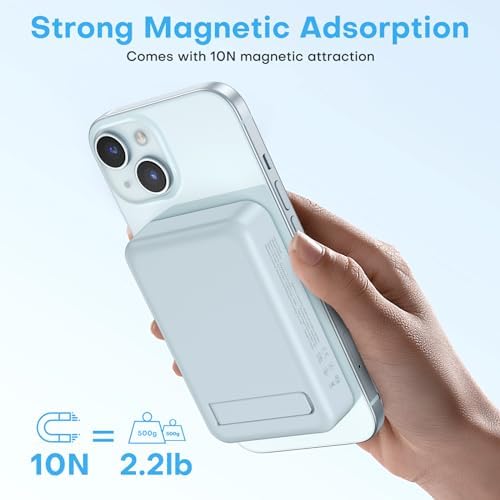 OMOTON 10,000 m Ah Magnetic Power Bank with Foldable Stand – Fast Charging Battery Pack for i Phone 15 and Above, Enhanced LED Display for Real-Time Monitoring, Sleek Gray and White Design for Ultimate Portability and Style