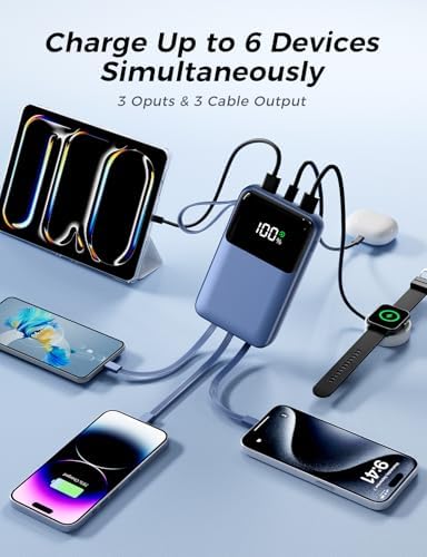 15000 m Ah Portable Power Bank with Built-in Multi-Cables, 22.5 W Fast Charging, and 6 Output Ports – Ultra-Slim Travel Battery Pack with Smart LED Display for i Phone 16/15/14/13, Samsung, and More – Perfect for On-the-Go Charging and Air Travel Safety