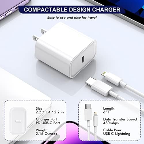 Premium Apple MFi Certified 3-Pack i Phone Charger Set with PD Type C Quick Wall Block and 6 FT Fast Charging USB C to Lightning Cable – Ultimate Speed and Compatibility for i Phone 14/13/12/Pro/Max/11/XR/SE 2022 and i Pads, Perfect for Home or Travel Use