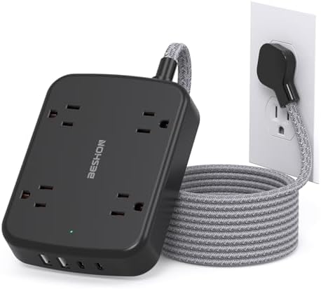10 FT BESHON Surge Protector Power Strip with 4 Outlets & 4 USB Ports – Flat Extension Cord with 2 USB-C for Fast Charging – Space-Saving Flat Plug Design – 900 Joules Surge Protection for Home, Office & Dorm Room Essentials – Ultimate Power Management Solution