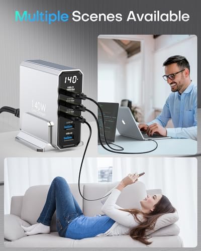 Power Up with the 140 W Ga N USB-C Charging Station: 5-Port High-Speed Charger for Mac Book, i Phone 15, and Samsung Galaxy – Enhanced Display for Real-Time Monitoring, Sleek Black Design, Perfect for Home & Office Use