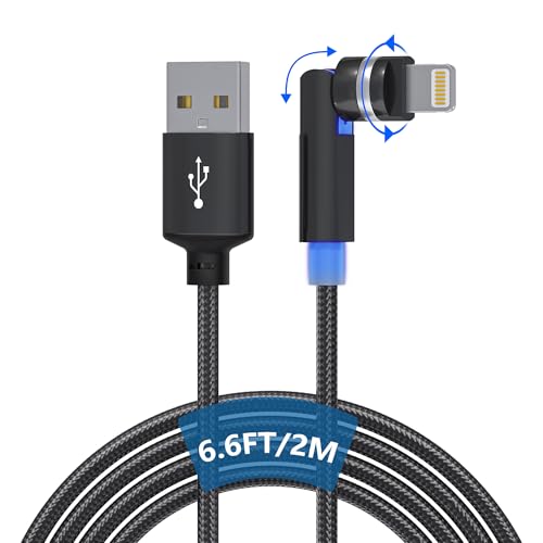 Revolutionize Your Charging Experience: 6.6 FT 90-Degree Lightning Cable with 360-Degree Rotating Head – MFi Certified, High-Speed 2.4 A Fast Charge, Durable Nylon Braided Design – Perfect for i Phone 14/13/12/11/X/8/7/6/5, i Pad, and i Pod – Seamless Use in Any Orientation
