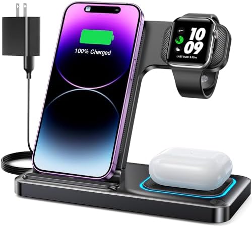 Revolutionary DUMTERR 3-in-1 Fast Wireless Charging Station for i Phone 16/15/14/13/12, Apple Watch Series 10, and Air Pods 4 – Sleek Docking Solution for Effortless Desk and Nightstand Organization, Superior Safety Features, and Rapid Charging Efficiency for All Your Apple Devices
