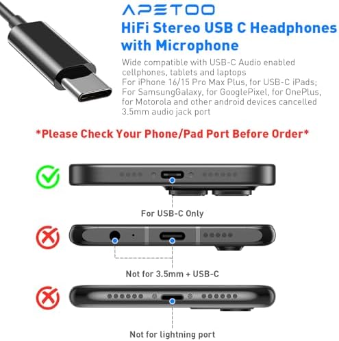 USB C Headphones for i Pad Pro & i Phone 16 – Hi-Fi Stereo Wired Earbuds with Microphone & Volume Control – Ultimate Compatibility for Samsung Galaxy S24, Pixel 9, One Plus 9 – Premium Noise Reduction Technology for Crisp Audio Clarity – Lightweight & Durable Design for Everyday Use