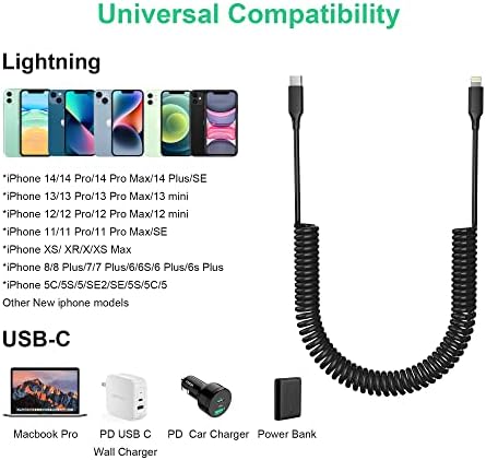 Retractable USB-C to Lightning Charging Cable – MFi Certified Coiled Charger for i Phone 14, 13, 12, 11 Pro Max, XR, XS, X, 8, 7, 6 Plus, 5, SE – Fast Charging, Tangle-Free Design for Ultimate Portability and Efficiency