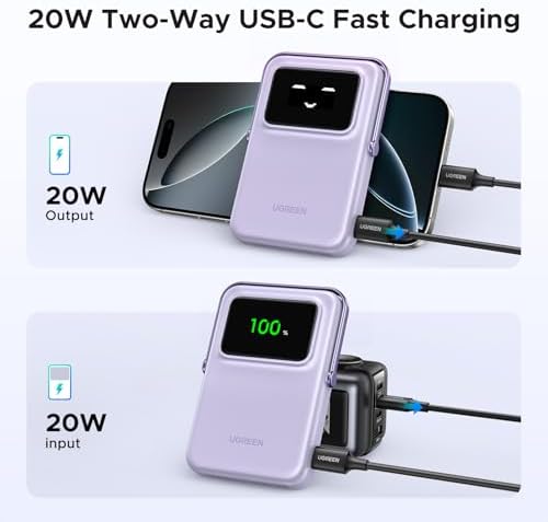 UGREEN Uno 10000 m Ah Magnetic Power Bank – Qi 7.5 W Wireless Charger with PD 20 W USB-C Fast Charging & Foldable Stand – TFT Display for Real-Time Battery Monitoring – Mag Safe Compatible for i Phone 16/15/14/13/12 – Ultra-Portable Power Solution in Sleek Black
