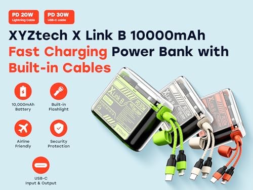 Ultimate Travel Companion: X Link B 10,000 m Ah Power Bank with Dual USB-C & Lightning Cables, Fast Charging, Flashlight Feature, i Phone & Samsung Compatible, Sleek Orange Design for On-the-Go Power