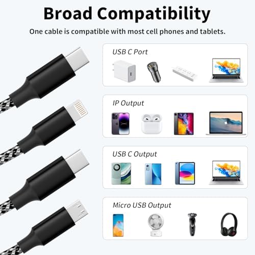 Ultimate 4-in-1 Fast Charging Cable – 65 W Multi-Device Charger with E-Mark Chip for i Phone 16/15/14/13, i Pad, and Laptops – High-Speed USB-C/Lightning Connectivity for Enhanced Performance and Versatility