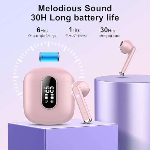 Jesebang Pink Bluetooth 5.3 Wireless Earbuds – Stylish Stereo Earphones with ENC Microphone, 30-Hour Playtime, IP7 Waterproof Rating for Gym & Outdoor Adventures, Dual LED Battery Display – Ultimate Audio Freedom on the Move