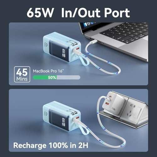 Ultimate Fast Charging Power Bank 18400 m Ah 65 W – Portable Laptop Charger with Built-in USB-C & Lightning Cables, LED Display, Ideal Travel Battery Pack for i Phone 16/15/14/13/12, Mac Book & Samsung – Unmatched Compatibility & Efficiency