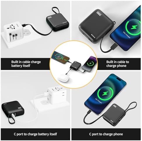 Sleek Gold Portable Power Bank with Built-in Cables and LED Battery Indicator – 10,000 m Ah USB-C Fast Charging Power Pack for i Phone, i Pad, Samsung, and Android Devices – Essential Travel Charger with Intelligent Safety Technology for Ultimate On-the-Go Convenience
