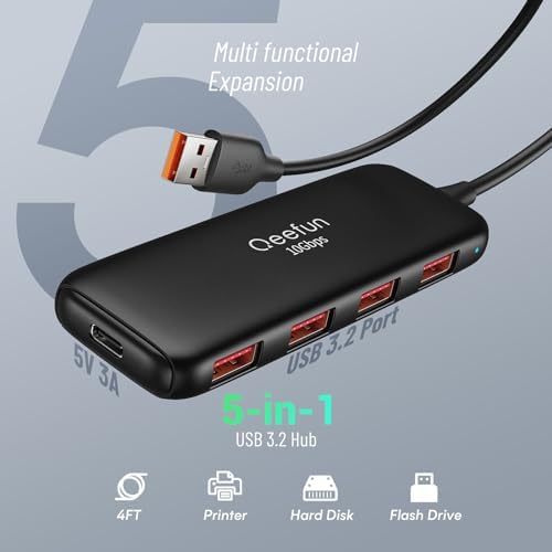Revolutionize Your Connectivity with the Qeefun 4-Port USB 3.0 Hub – High-Speed 5 Gbps Data Transfer, Individual LED Power Switches, and 2 ft Extension Cable for Ultimate Flexibility – Perfect USB Splitter for Laptops, PCs, i Macs, and More! Enhance Your Workspace Efficiency and Control Multiple Devices Effortlessly!