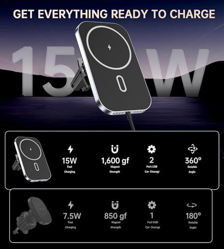 Mag Safe Car Mount Charger for i Phone – 360° Rotating Magnetic Wireless Vehicle Charger with Fast Charging Capability, Perfectly Compatible with i Phone 16/15/14/13/12 Series, Effortless Air Vent Installation for Ultimate Convenience