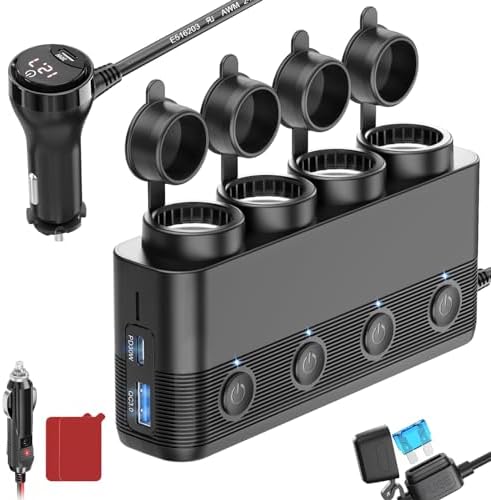 Power Up Your Journey: 300 W 4-Socket Cigarette Lighter Splitter Car Charger with Dual PD 36 W and QC3.0 USB-C Ports, Independent Switches, Dust Cover, and Voltmeter for Fast Charging of All Devices – Perfect for Road Trips and Daily Commutes