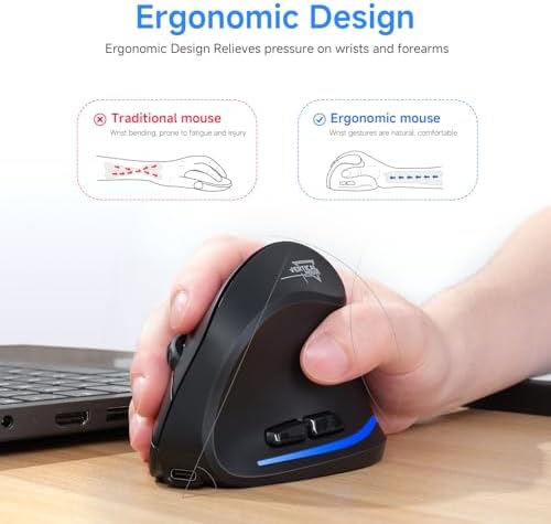 Elevate Your Productivity with ECHTPower Ergonomic Wireless Vertical Mouse – Multi-Device Bluetooth Connectivity, Adjustable DPI Up to 2400, LED Light for Enhanced Visibility, Perfect for PC, Laptop & Mac Users Seeking Comfort and Efficiency
