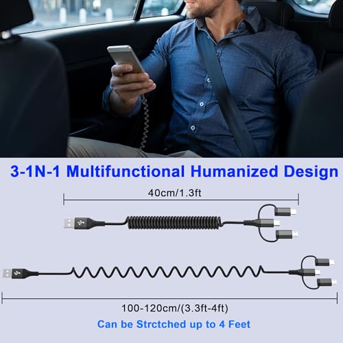Dual-Connector USB to USB-C and Lightning Coiled Charger Cable – 2-in-1 MFi Certified Fast Charging & Data Syncing Cord for i Phone 16/15/14/13, i Pad & Android Devices – Optimal Performance for Apple Car Play & Android Auto