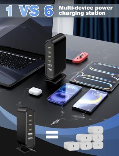 Revolutionize Your Charging Routine with the Essri 102 W 6-Port Ga N USB-C Hub – High-Speed Charging Station with 4 PD 3.0 & 2 USB-A Ports, Perfect for i Phone Pro Max, Samsung Android, and More – Includes 2 x 3.3 Ft Cables for Ultimate Flexibility and Enhanced Device Compatibility – Ideal for Home, Office, and Travel Use – Compact Power Adapter for Efficient and Fast Charging Solutions