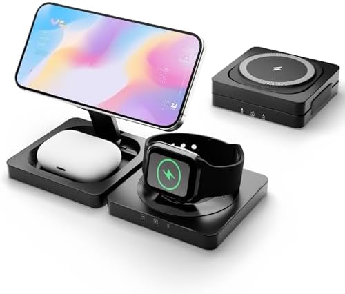 3-in-1 Magnetic Wireless Charger Station for i Phone 16, 15, 14, 13, 12 Pro Max, Apple Watch Series & Air Pods – Fast 15 W Charging Pad with Foldable Design for Ultimate Portability – Enhanced Magnetic Stability and Universal Compatibility (Black)