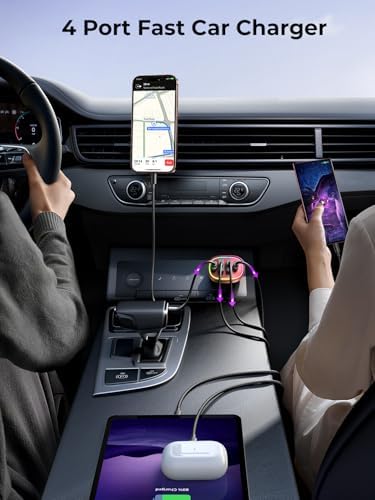 90 W 4-Port USB C Car Charger for i Phone 16/15/14/13/12 Pro Max – Fast Family Travel Charging Solution – Sleek Pink Cigarette Lighter Adapter for Multiple Devices – Ultimate On-the-Go Power for Road Trips and Adventures
