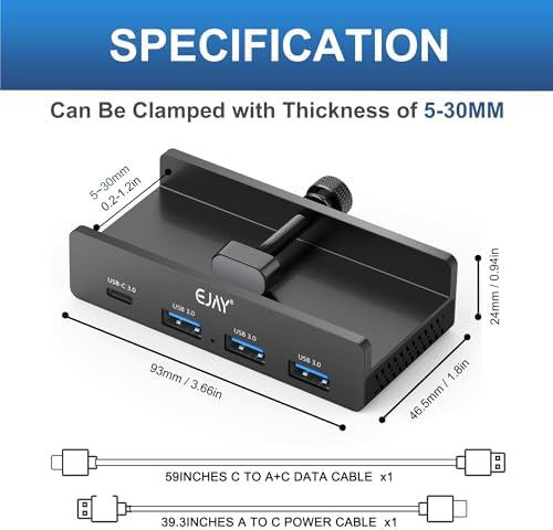 Upgrade Your Workspace with the EJAY 4-Port USB 3.0 Hub – Premium Aluminum Mountable Splitter for Lightning-Fast Data Transfer & Device Charging – Includes 59-Inch Data & 39-Inch Power Cables – Ideal for Effortless Connectivity with Monitors & Computers – Maximize Your Efficiency!