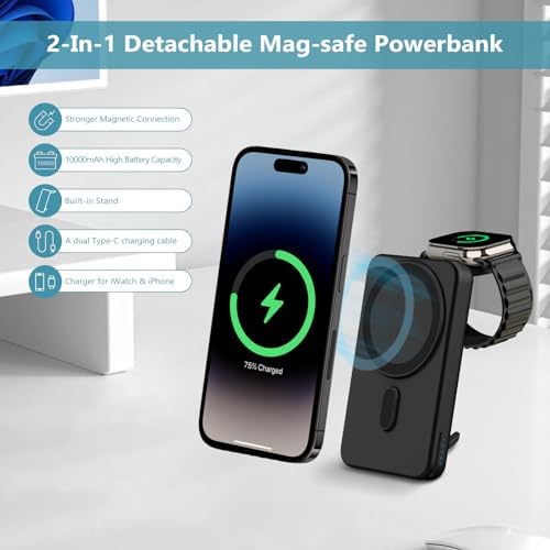 DDUAN 10000 m Ah Mag-Safe Wireless Power Bank – Dual Charging Solution for i Phone 15/14/13/12 & All Apple Watch Series with USB-C Cable – Sleek Portable Design for On-the-Go Convenience and Fast Charging Performance