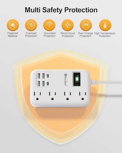International Travel Power Adapter with 6 USB Ports and 4 AC Outlets – Versatile Plug Converter for European Destinations Including UK, France, Italy, and Germany – Compact 3 ft Extension Cord with Surge Protection for Enhanced Device Safety and Charging Efficiency