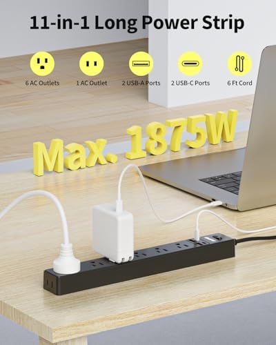Dual Pack Surge Protector Power Strip with 7 Outlets & 4 USB Ports (2 USB-C) – 6 Ft Flat Plug Extension Cord for Ultimate Device Charging Efficiency – 1875 W/15 A, 1700 Joules Protection, Wall-Mountable for Home, Office, & Dorm Spaces – Sleek Design for Space Optimization and Safety