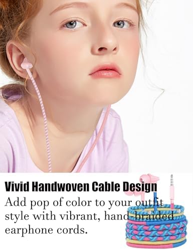 Vividly Handcrafted Kids Earbuds with Microphone – Playful Bracelet-Inspired Aesthetics for School and Leisure, Tailored Small Ear Tips for Ultimate Comfort, Ultra-Lightweight with Backpack Attachment – Resilient Audio Solution for Young Audiophiles (Green-Blue Woven)