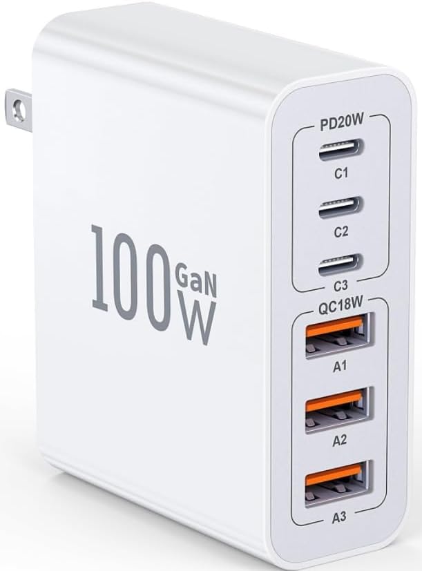 Ultra-Fast 100 W Ga N USB-C Charging Station with 6 Ports – Compact Wall Adapter for i Phone 16/15/14/13 Pro Max, i Pad, Samsung, Pixel, LG – High-Speed Multi-Device Charger with Smart Safety Features – Travel-Friendly Power Hub for Effortless Charging