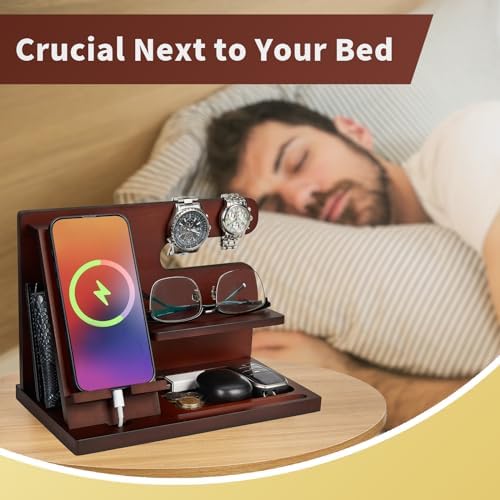 Wood Phone Docking Station Key Holder Stand Watch Organizer Men Gift Husband Wife Anniversary Dad Birthday Nightstand Purse Father Graduation Male Travel Idea Gadgets – Enhanced Compatibility and Speed