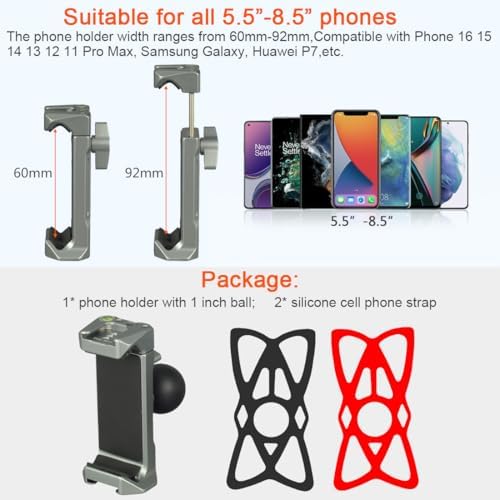 Aluminum Cell Phone Holder with 1 Inch Ball Mount Adapter Compatible with RAM mounts B Size 1″ Socket Arm Bike Motorcycle Car Phone Mount, Double Protection Anti-loosening Locking knob – Enhanced Compatibility and Speed