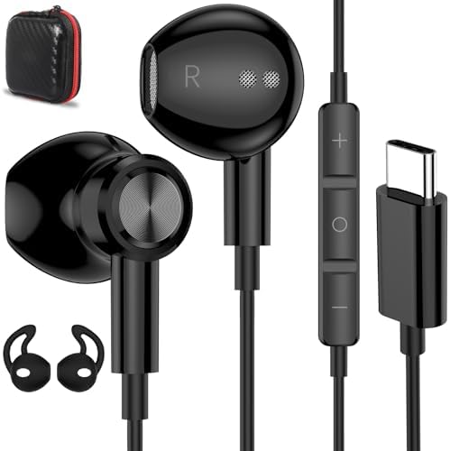 High-Fidelity USB C Wired Earbuds for Samsung and i Phone – Ergonomic Type C Stereo Earphones with Microphone, Volume Control & Magnetic Design for Ultimate Comfort – Enhance Your Audio Experience on Android Devices & i Pads in Sleek Black