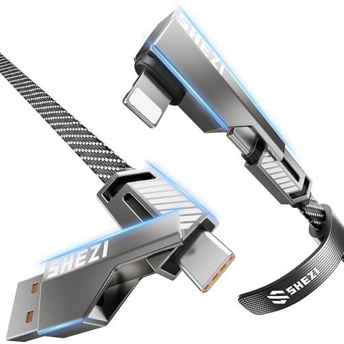 SHEZI 4-in-1 Fast Charging USB C Cable – 60 W Power Delivery with Lightning, USB C, and USB A Ports – 5 FT Durable Flat Nylon Braided Cord – Stylish Pink Design for i Phone, i Pad, and More – High-Speed 480 Mbps Data Transfer Solution for All Your Devices