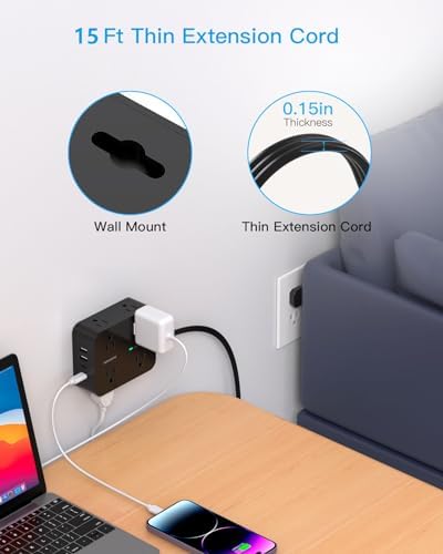 Maximize Your Power Efficiency with HANYCONY 5 Ft Ultra Thin Flat Plug Surge Protector Power Strip – 8 Outlet Extender & 4 Fast-Charging USB Ports (2 USB-C) for College Dorm Room Essentials – 1080 Joules Surge Protection & Wall Mount Design in Sleek Black Finish