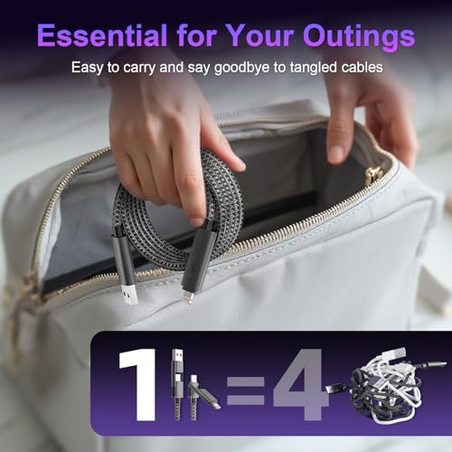 240 W 4-in-1 Braided Charging Cable: Ultimate Fast Charge Solution with E-Mark Chip for i Phone, i Pad, Mac Book & Android Devices (5 FT) – Durable Multi-Connector Cord for Seamless Device Compatibility and Superior Performance