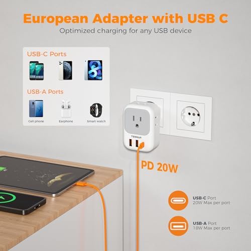 TESSAN Dual Pack European Travel Adapter with 4 AC Outlets and 3 High-Speed USB Ports – Ultimate International Power Converter for Seamless Device Charging in Italy, Spain, France, Portugal, Germany, and Iceland – Essential Travel Accessory for Modern Explorers