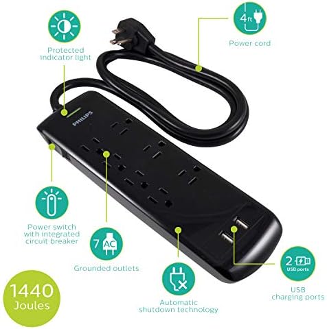 Philips EZFit Surge Protector with 3 Outlet Power Strip and 6 ft Braided Cord – Enhanced Charging Station Featuring 2 USB-A and 1 USB-C, 490 Joules of Surge Protection, Space-Saving Design in Sleek White for Home and Office Use