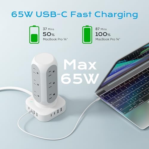 Revolutionize Your Charging Setup with the Flat Plug Power Strip Tower – 10 FT Extension Cord, 40 W Fast Charging Station Featuring 12 AC Outlets and 8 USB Ports (4 USB-C) for Ultimate Device Connectivity and Safety in Home, Office, or Dorm Room
