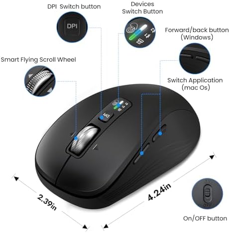 Ultimate Wireless Bluetooth Mouse with USB Connectivity – Full-Sized, Silent Operation, 4-Way Scrolling & Adjustable Cursor Speed for Seamless Multi-Device Use Including Computers, Laptops, Tablets, and Mac Books – Long Battery Life with Side Buttons for Enhanced Productivity