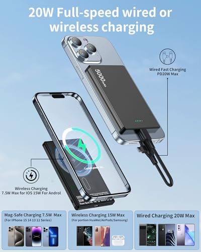 ZBF Magnetic Wireless Power Bank 5000 m Ah – Ultra-Slim Portable Charger with PD 20 W Fast Charging and USB-C Cable for i Phone 12/13/14/15/16 Pro Max – Lightweight Travel Essential for Effortless Charging on the Go