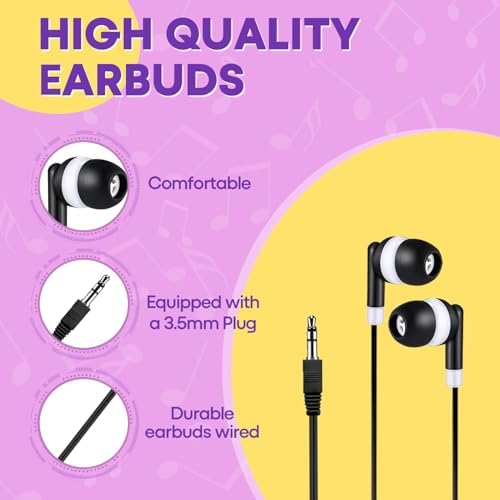 Bulk Earbud Headphones 50-Pack – Premium Wired Earphones for Classrooms & Group Learning, Exceptional Durability & Sound Quality, Perfect for Kids, Teens & Adults – Versatile Comfort for Family Activities & Educational Use (Black)